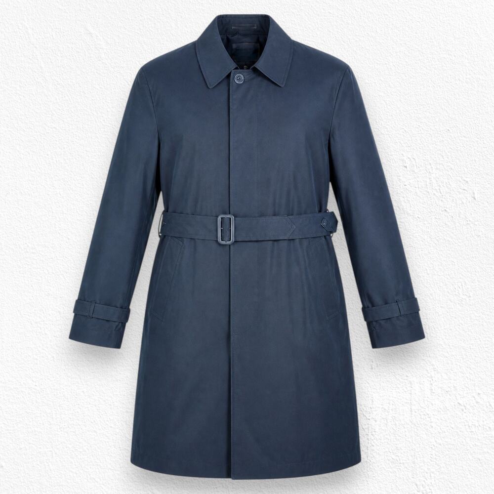 London Fog Navy Belted Trench Coat Removable Plaid Liner Mens Size 42 Short